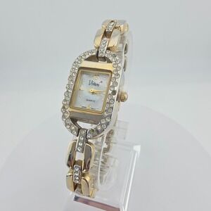 Vtg VIVANI Ladies Watch Mother Of Pearl Dial Crystal Accented Gold Plate 7.5"